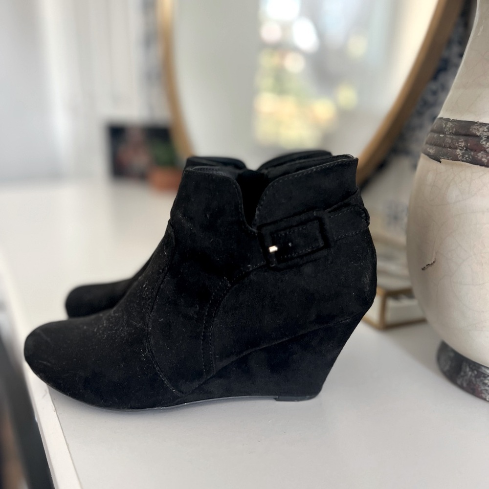 Black suede wedge booties